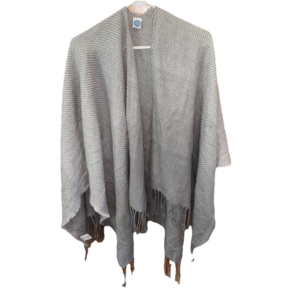 Sorbetto Women Asymmetrical Woven Shawl Wrap Cover Up Poncho Gray Fringe